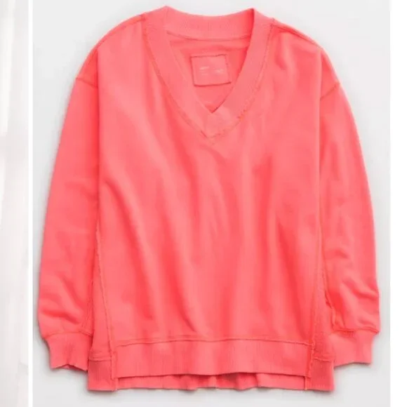 Aerie Tropadel Pink Vacay Every Day V-Neck Pullover Oversized Sweatshirt sz XXS - Picture 7 of 9